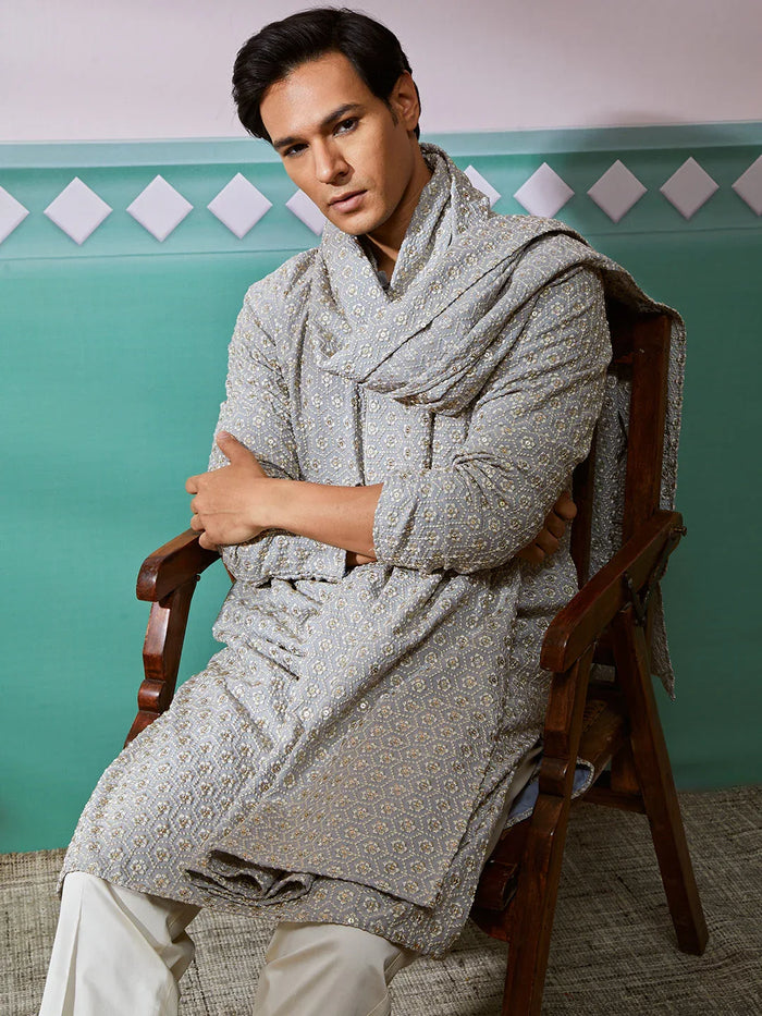 Men's Grey Rayon Kurta, Pyjama And Dupatta Set.