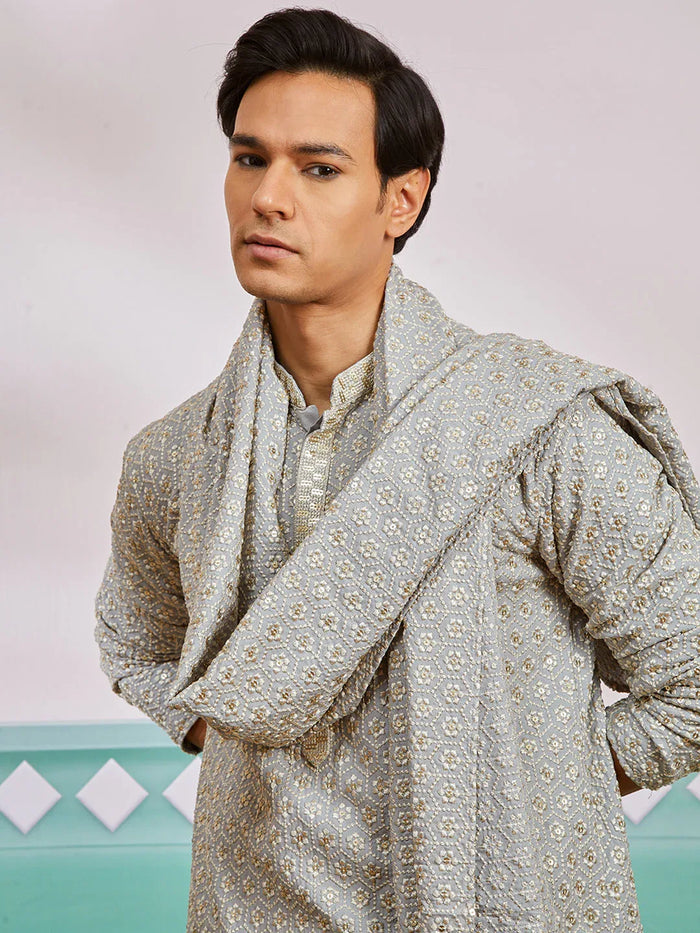Men's Grey Rayon Kurta, Pyjama And Dupatta Set.