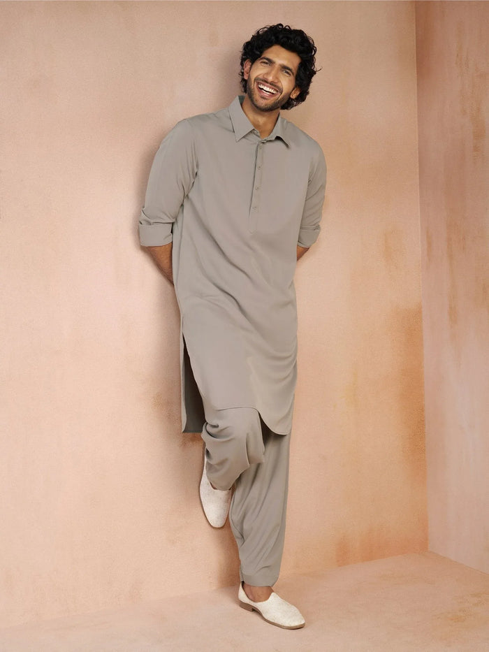 Men's Grey Solid Silk Blend Pathani Kurta with Patiala Pyjama Set