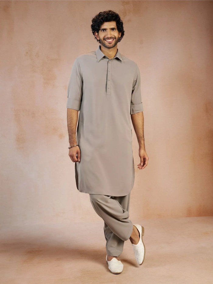 Men's Grey Solid Silk Blend Pathani Kurta with Patiala Pyjama Set