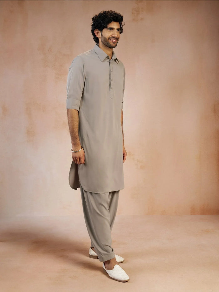 Men's Grey Solid Silk Blend Pathani Kurta with Patiala Pyjama Set