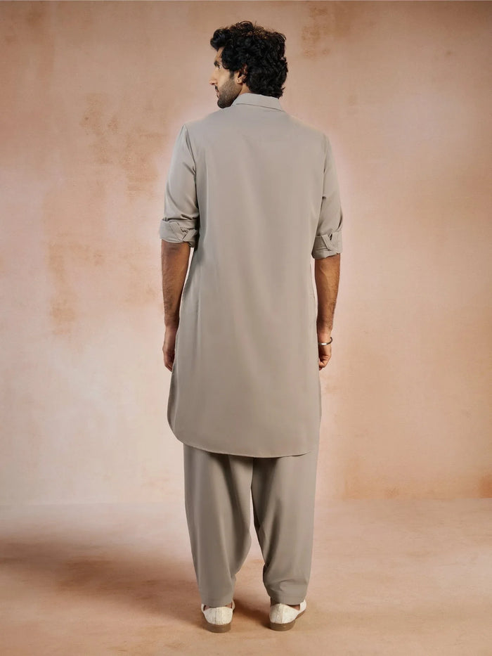 Men's Grey Solid Silk Blend Pathani Kurta with Patiala Pyjama Set
