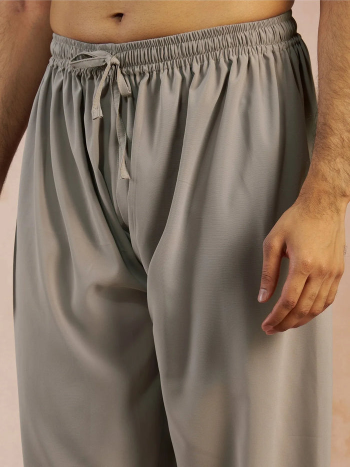 Men's Grey Solid Silk Blend Pathani Kurta with Patiala Pyjama Set