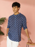 Men's Indigo Blue Ethnic Motif Print Cotton Short Kurta