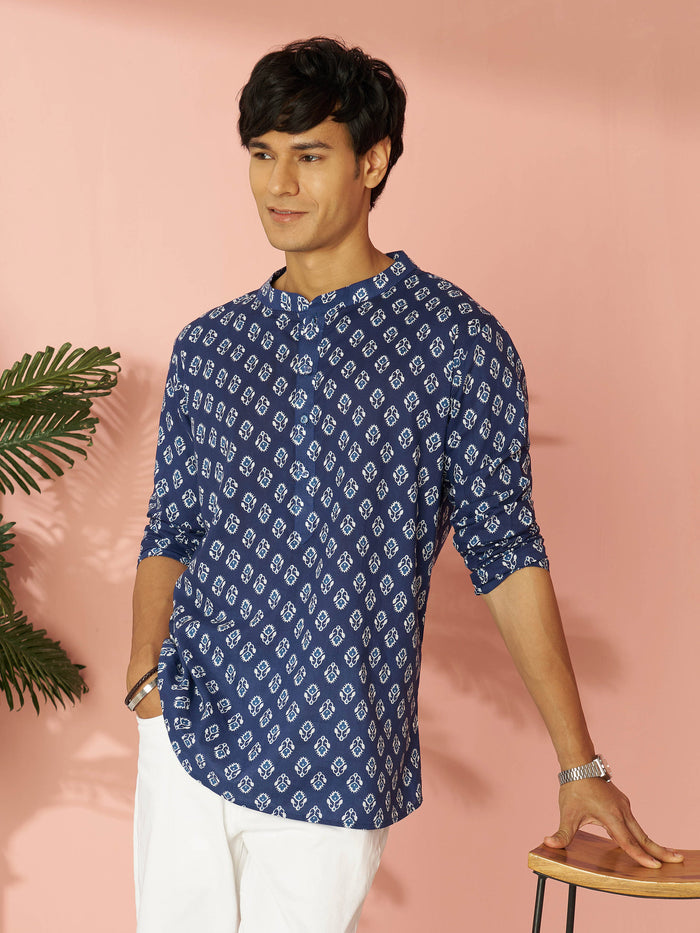 Men's Indigo Blue Ethnic Motif Print Cotton Short Kurta