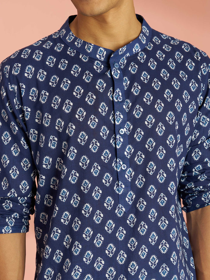 Men's Indigo Blue Ethnic Motif Print Cotton Short Kurta