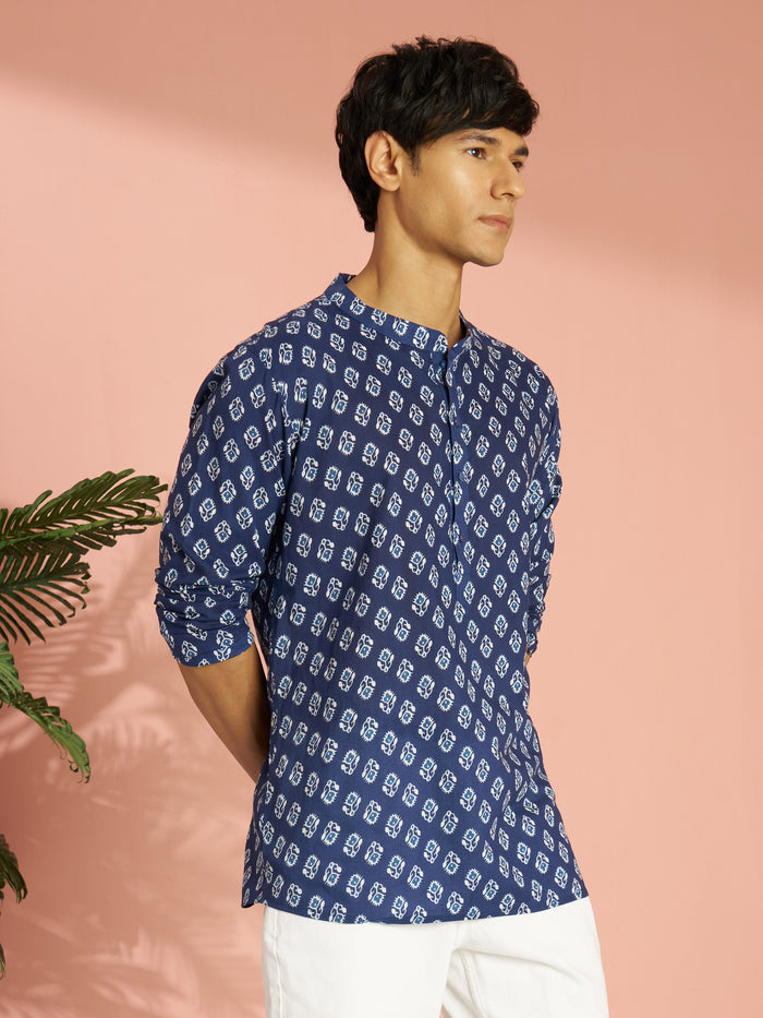 Men's Indigo Blue Ethnic Motif Print Cotton Short Kurta