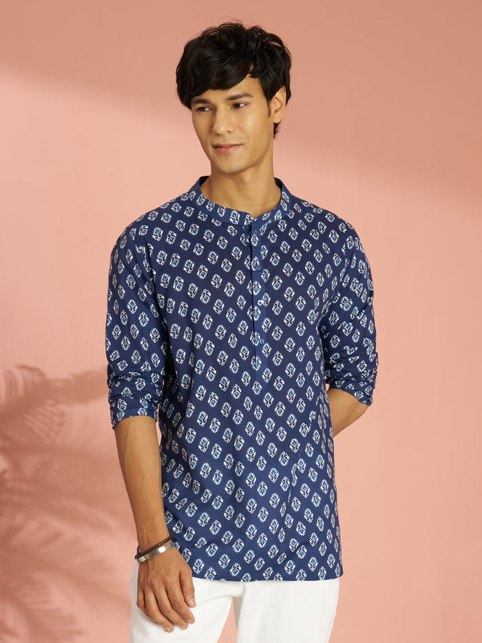 Men's Indigo Blue Ethnic Motif Print Cotton Short Kurta