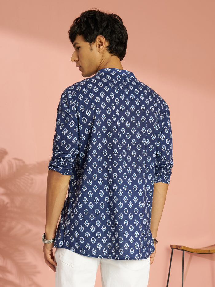 Men's Indigo Blue Ethnic Motif Print Cotton Short Kurta