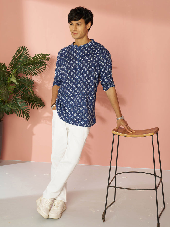 Men's Indigo Blue Ethnic Motif Print Cotton Short Kurta