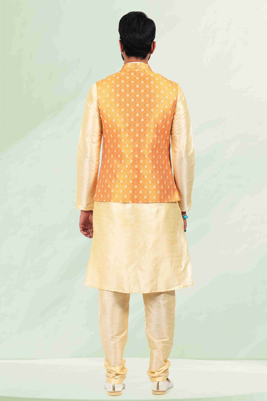 Men's Jacquard Banarasi Silk Woven Work 3 Pics Jacket Set In Mustard Colour