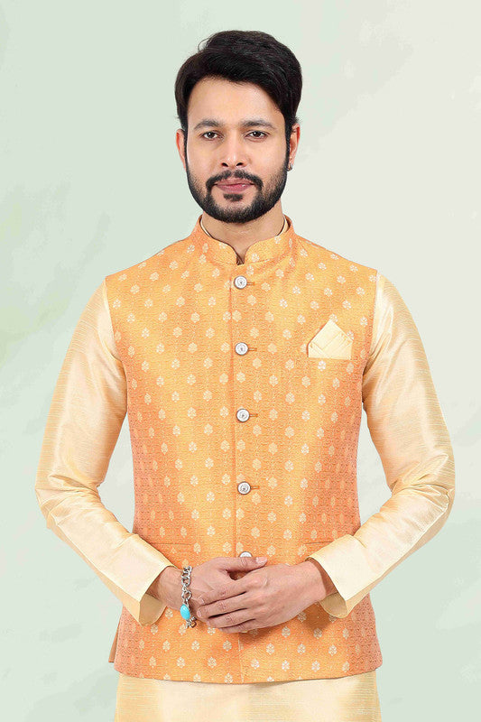 Men's Jacquard Banarasi Silk Woven Work 3 Pics Jacket Set In Mustard Colour