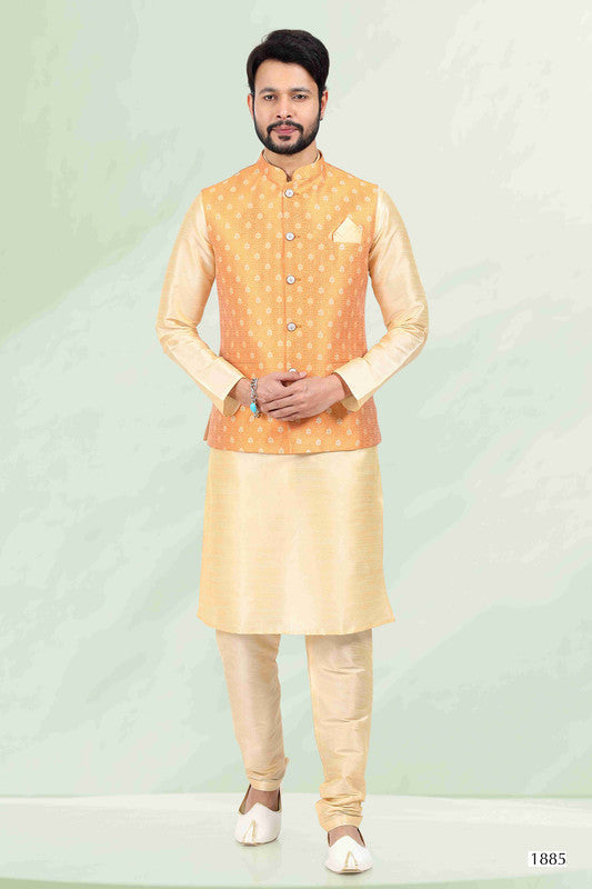 Men's Jacquard Banarasi Silk Woven Work 3 Pics Jacket Set In Mustard Colour