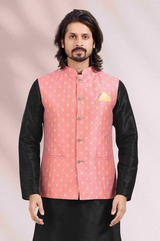 Men's Jacquard Banarasi Silk Woven Work 3 Pics Jacket Set In Pink Colour