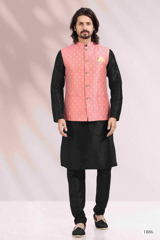 Men's Jacquard Banarasi Silk Woven Work 3 Pics Jacket Set In Pink Colour