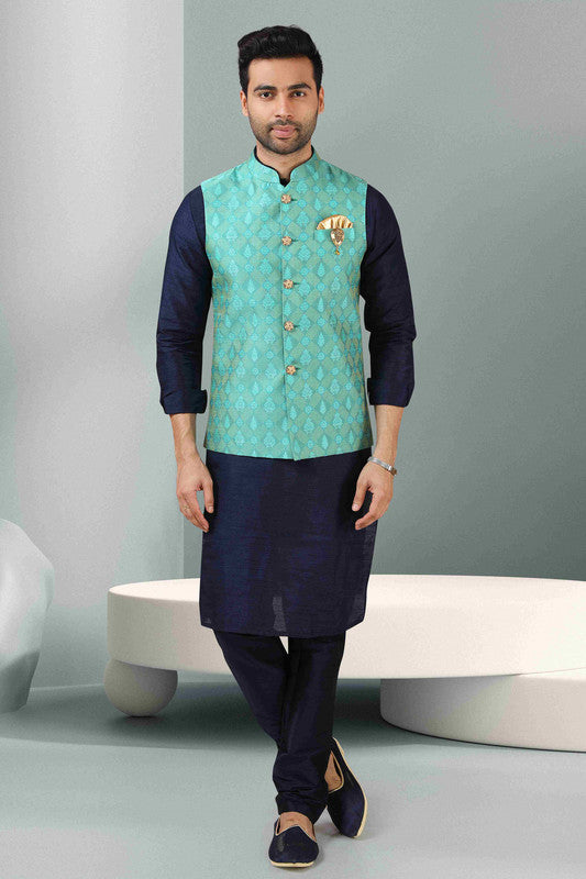 Men's Jacquard Banarasi Silk Woven Work 3 Pics Jacket Set In Sea Green Colour