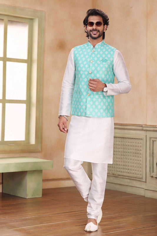 Men's Jacquard Banarasi Silk Woven Work 3 Pics Jacket Set In Sky Blue Colour