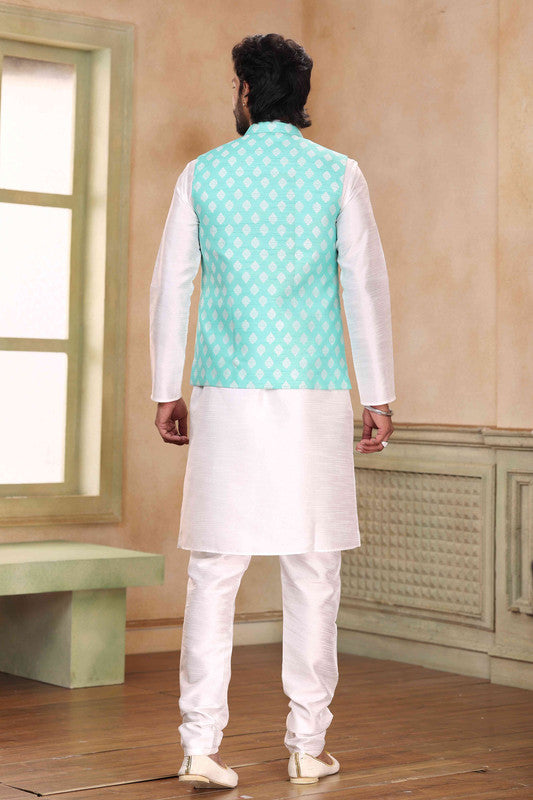 Men's Jacquard Banarasi Silk Woven Work 3 Pics Jacket Set In Sky Blue Colour
