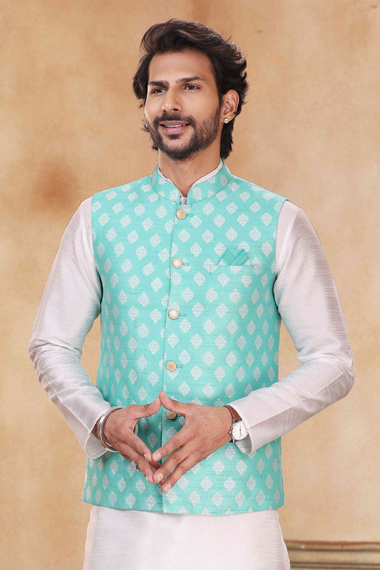 Men's Jacquard Banarasi Silk Woven Work 3 Pics Jacket Set In Sky Blue Colour