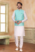 Men's Jacquard Banarasi Silk Woven Work 3 Pics Jacket Set In Sky Blue Colour