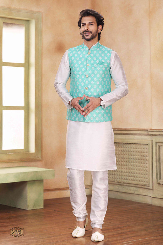 Men's Jacquard Banarasi Silk Woven Work 3 Pics Jacket Set In Sky Blue Colour