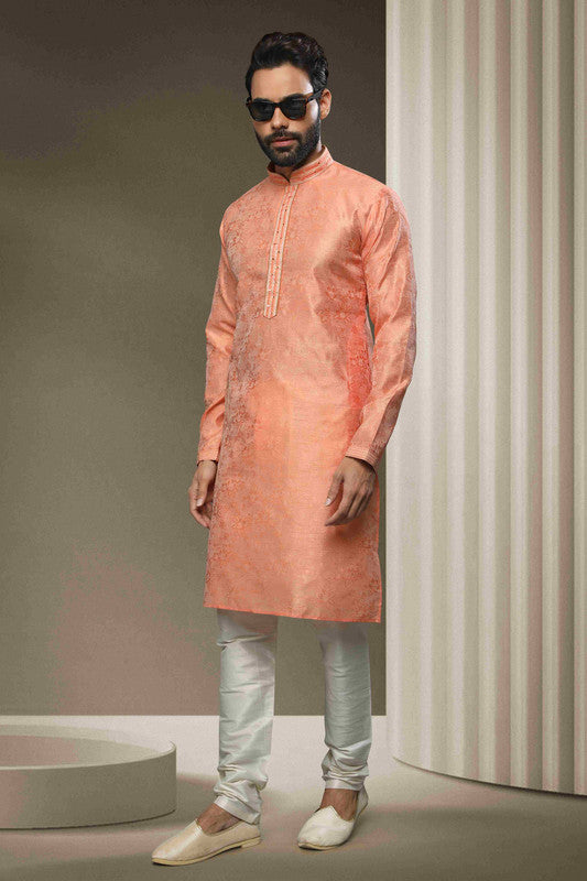 Men's Jacquard Silk Brocade Mirror Work Kurta Pajama In Peach Colour