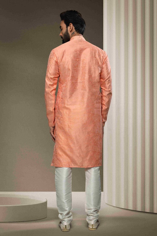 Men's Jacquard Silk Brocade Mirror Work Kurta Pajama In Peach Colour