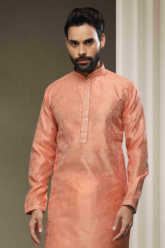 Men's Jacquard Silk Brocade Mirror Work Kurta Pajama In Peach Colour