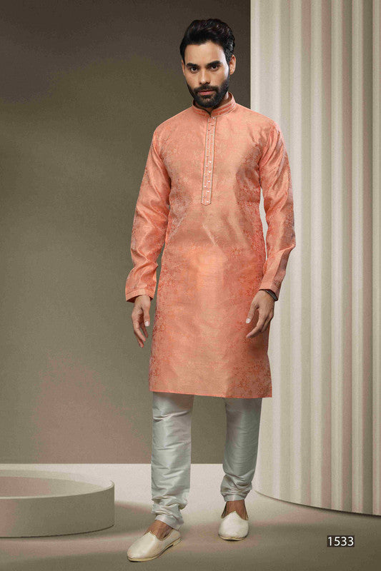 Men's Jacquard Silk Brocade Mirror Work Kurta Pajama In Peach Colour