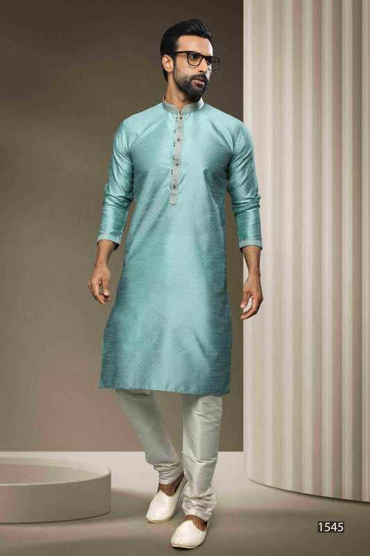 Men's Jacquard Silk Brocade Pintux Work Kurta Pajama In Sky Blue Colour