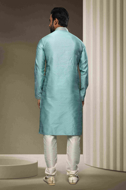 Men's Jacquard Silk Brocade Pintux Work Kurta Pajama In Sky Blue Colour