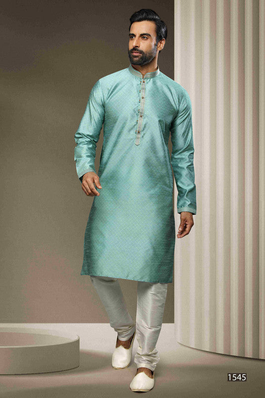 Men's Jacquard Silk Brocade Pintux Work Kurta Pajama In Sky Blue Colour
