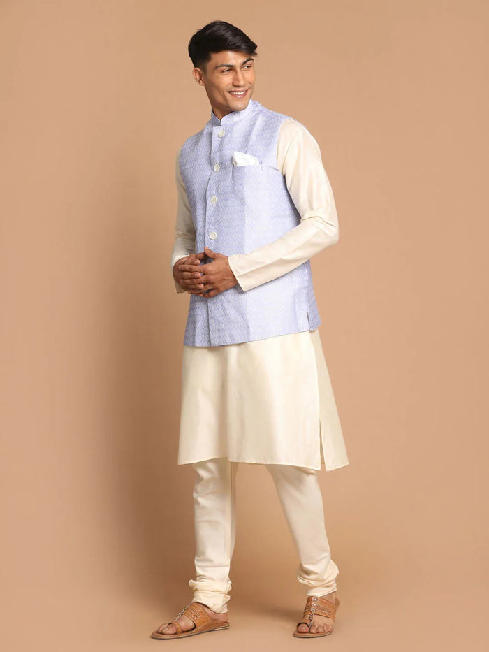 Men's Lavender Jacquard Nehru Jacket With Kurta Pyjama Set