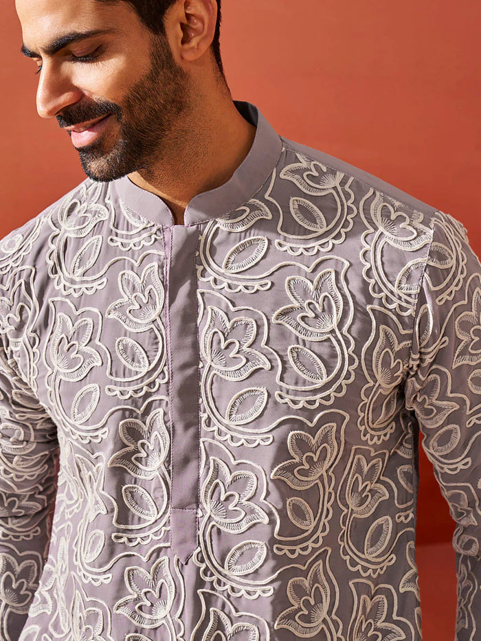 Men's Levender Georgette Kurta And Pyjama Set