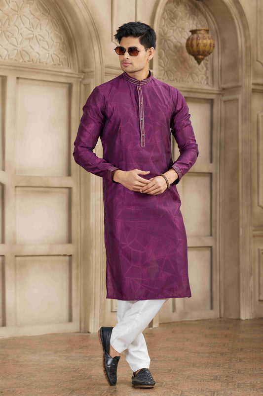 Men's Magenta Brocade Art Silk Pintux Work Collar Neck Pajama Set