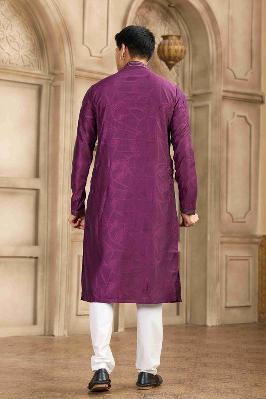 Men's Magenta Brocade Art Silk Pintux Work Collar Neck Pajama Set