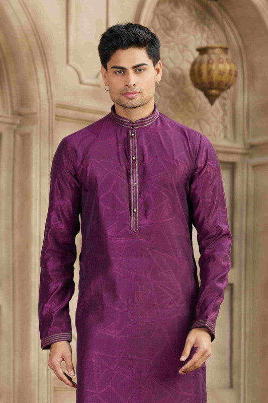 Men's Magenta Brocade Art Silk Pintux Work Collar Neck Pajama Set