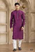Men's Magenta Brocade Art Silk Pintux Work Collar Neck Pajama Set