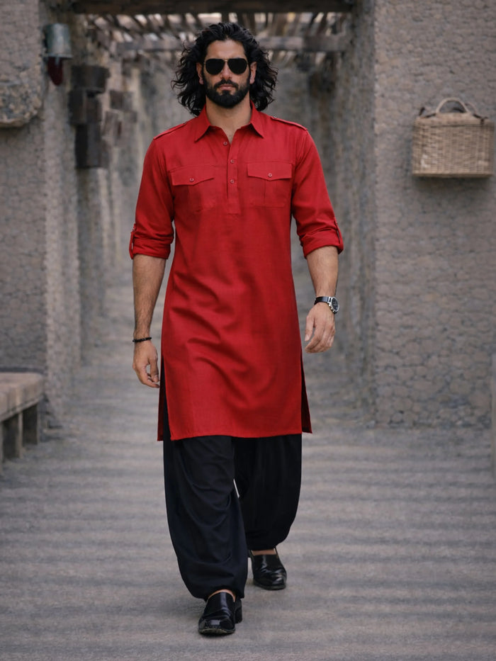 Men's Maroon  And Black Cotton Blend Pathani Suit Set