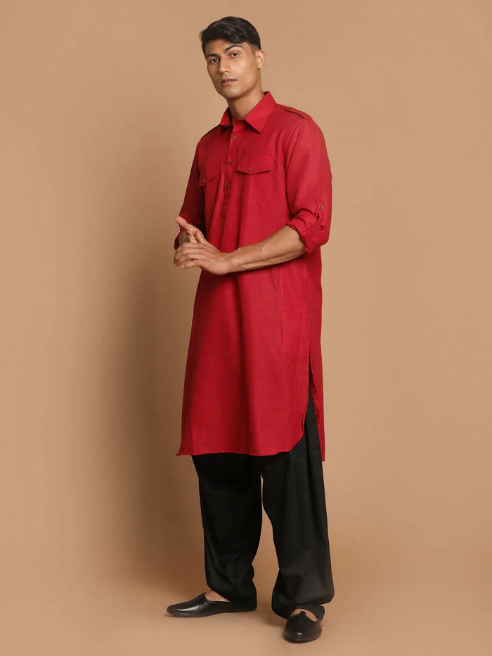Men's Maroon  And Black Cotton Blend Pathani Suit Set