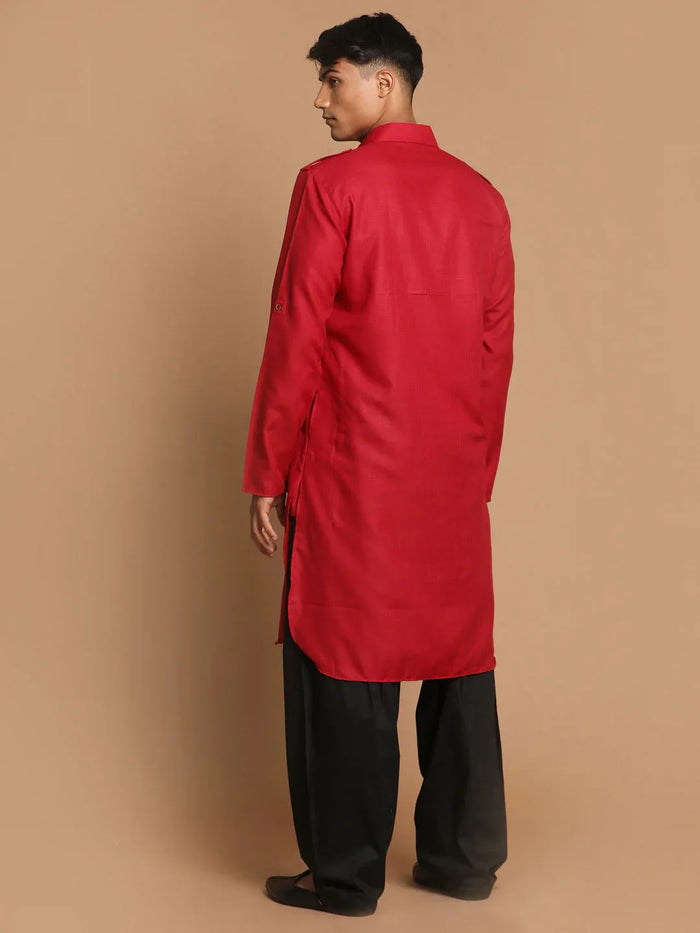 Men's Maroon  And Black Cotton Blend Pathani Suit Set