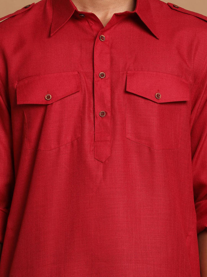 Men's Maroon  And Black Cotton Blend Pathani Suit Set