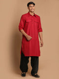 Men's Maroon  And Black Cotton Blend Pathani Suit Set