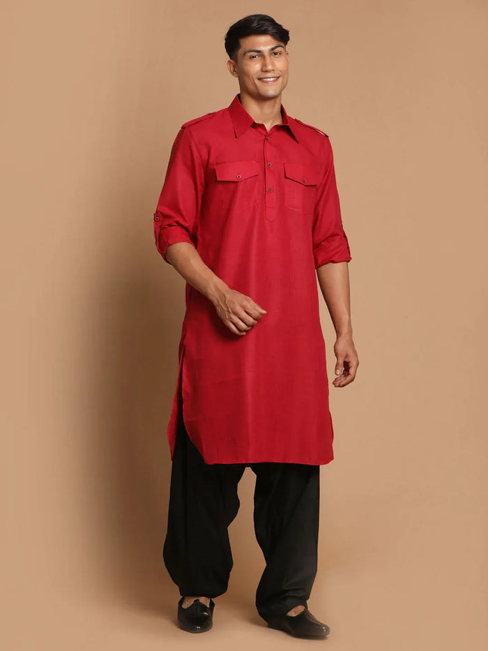 Men's Maroon  And Black Cotton Blend Pathani Suit Set