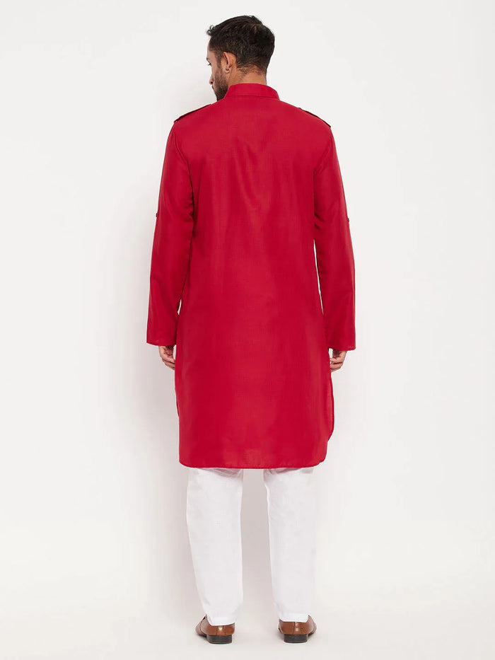 Men's Maroon And White Cotton Blend Pathani Suit Set