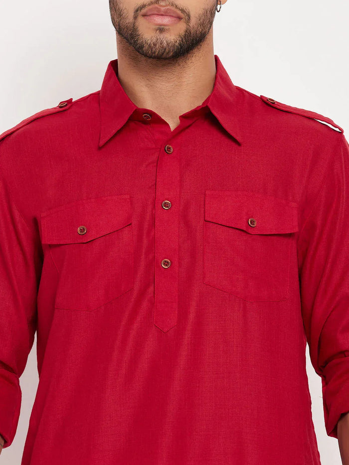 Men's Maroon And White Cotton Blend Pathani Suit Set