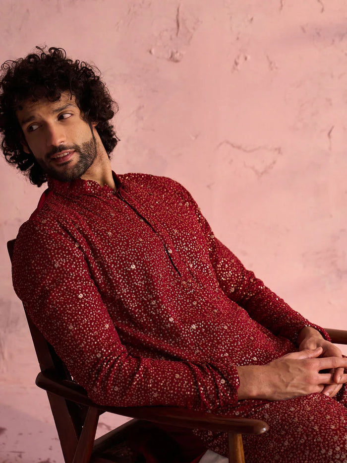 Men's Maroon Georgette Zari With Sequins Worked Kurta Pant Set