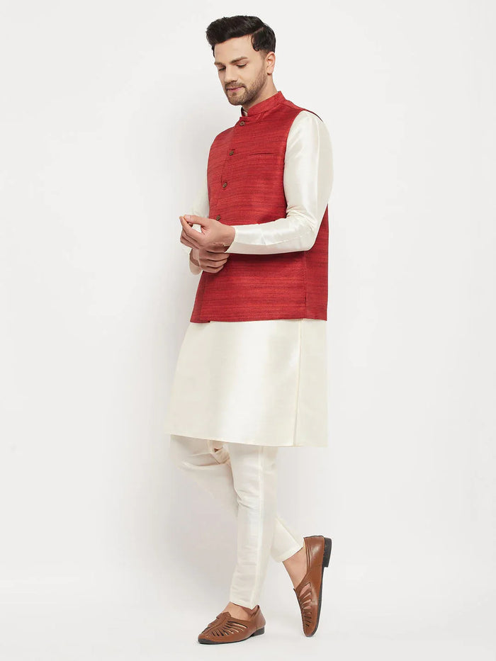 Men's Maroon Matka Silk Nehru Jacket With Cream Silk Blend Kurta And Pant Style Pyjama Set
