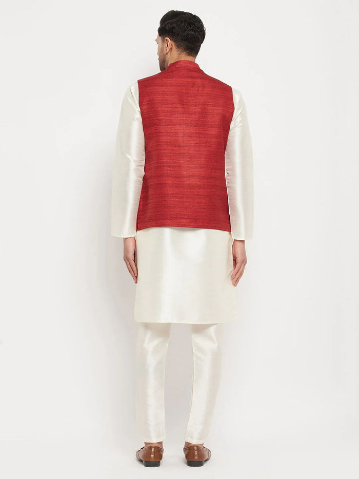 Men's Maroon Matka Silk Nehru Jacket With Cream Silk Blend Kurta And Pant Style Pyjama Set