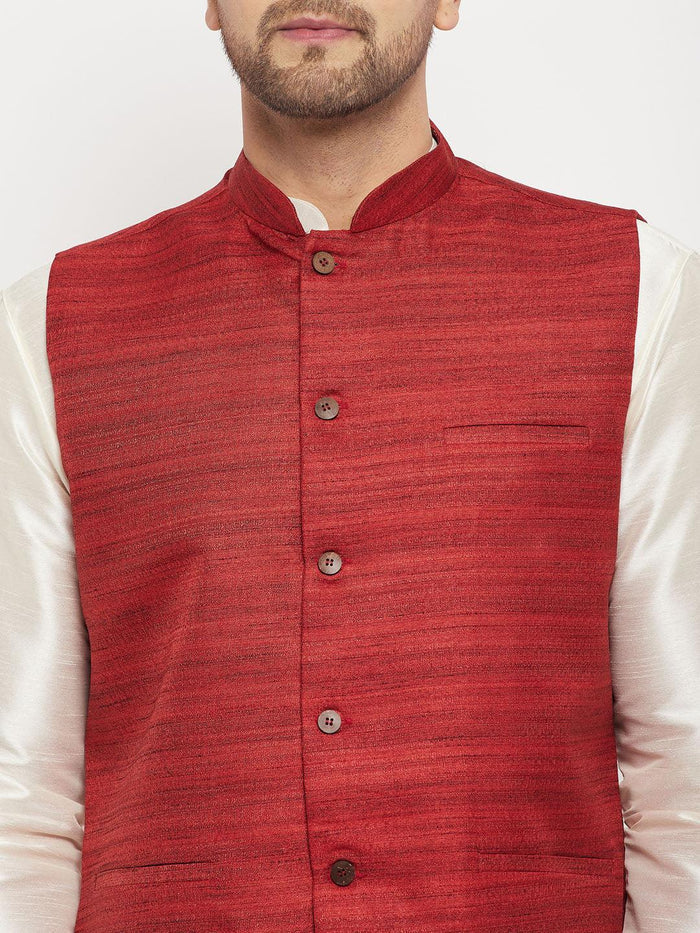 Men's Maroon Matka Silk Nehru Jacket With Cream Silk Blend Kurta And Pant Style Pyjama Set